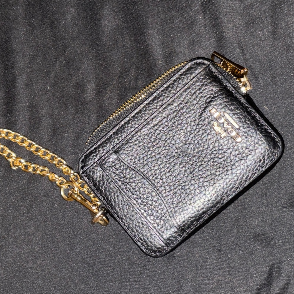 Coach Black Leather Coin Purse with Gold Chain